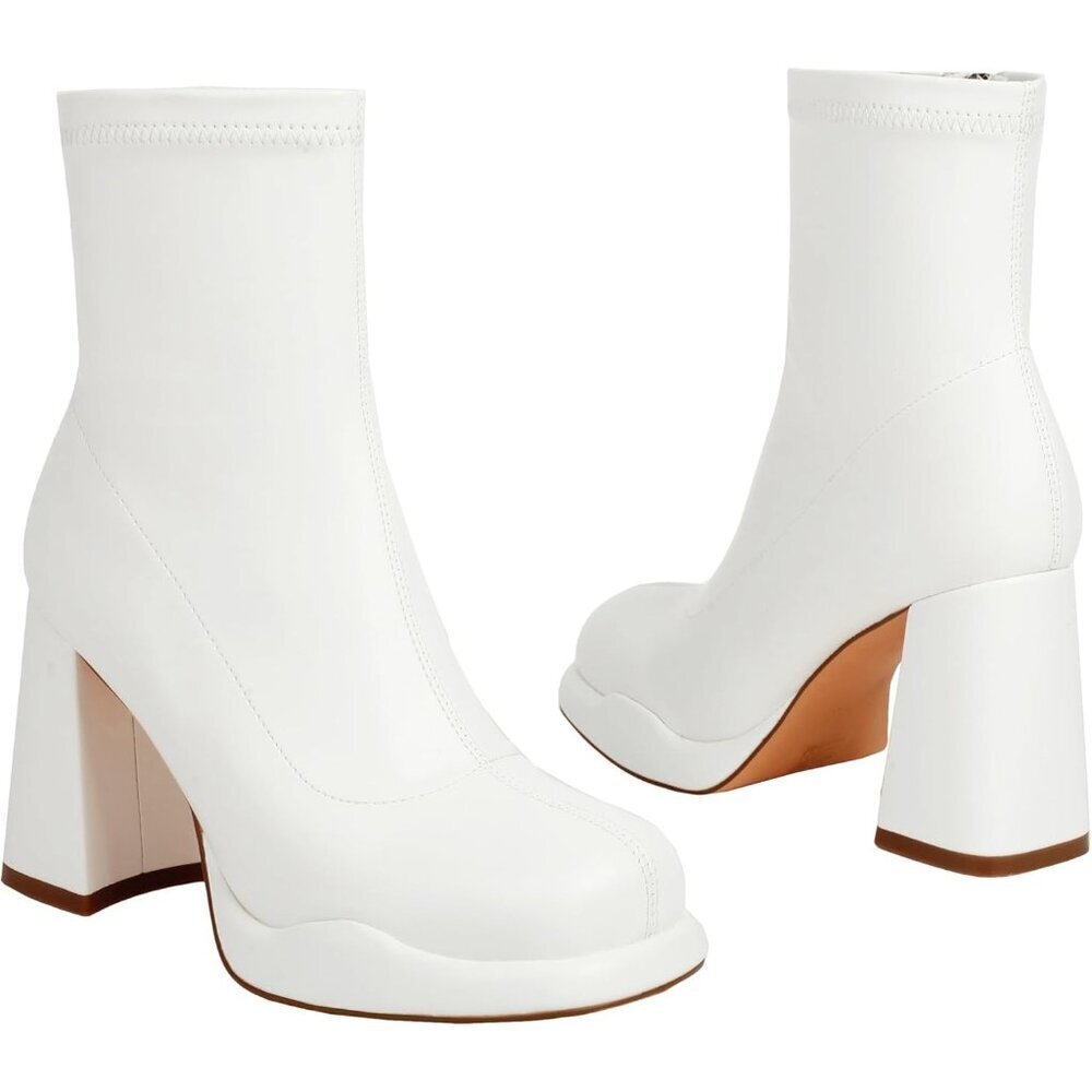 Women's White Chunky Heel Ankle Boots Square Toe Mid Calf Side Zippers Boots - Picture 6 of 9